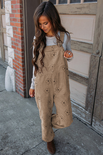 Khaki Flower Print Corduroy Overalls