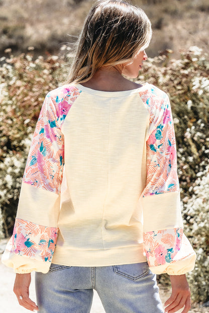 Apricot Textured Floral Patchwork Balloon Sleeve Blouse