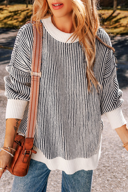 Chestnut Striped Textured Knit Contrast Edge Loose Sweater