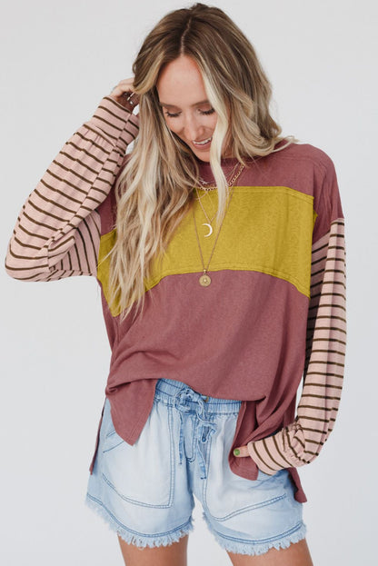 Gray Colorblock Striped Bishop Sleeve Top