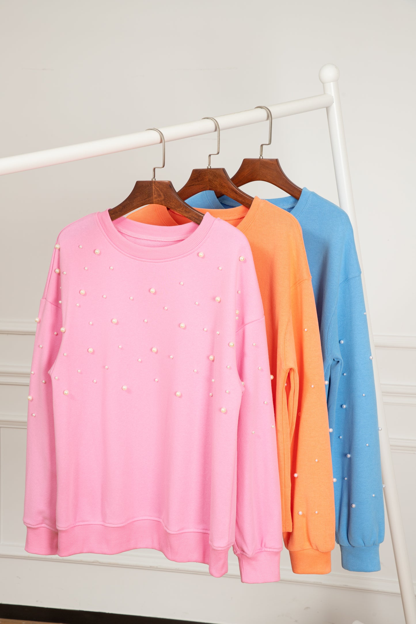 Myosotis Pearled Sleeves Drop Shoulder Round Neck Pullover Sweatshirt