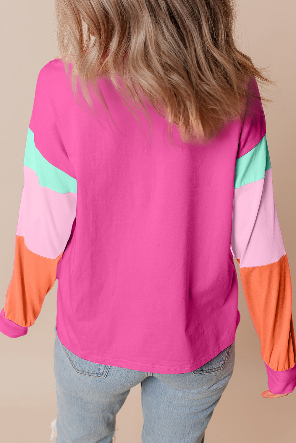 Pink Colorblock Patchwork Long Sleeve Loose Top