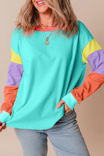 Pink Colorblock Patchwork Long Sleeve Loose Top