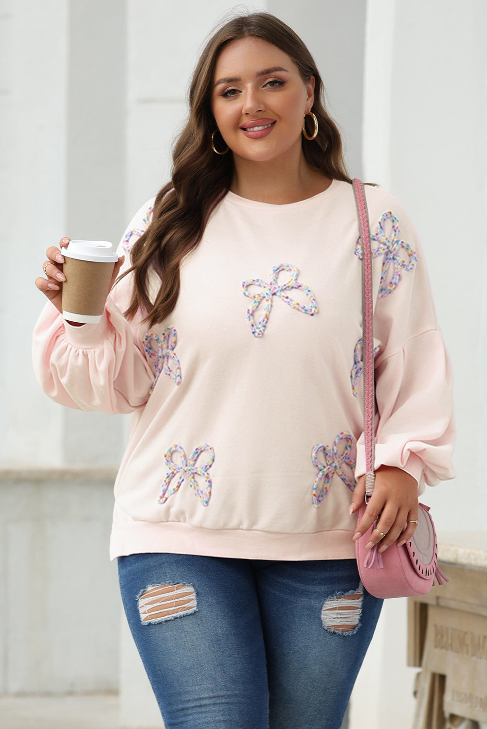 Light Pink Embroidered Bow Lantern Sleeve Oversized Pullover Sweatshirt