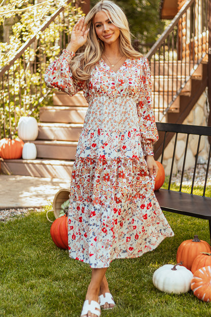 Khaki Floral Print Ruffled Tiered Long Sleeve V Neck Midi Dress