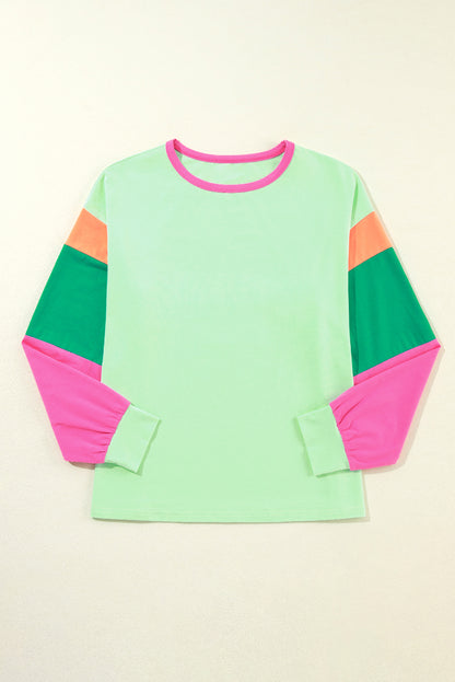 Pink Colorblock Patchwork Long Sleeve Loose Top