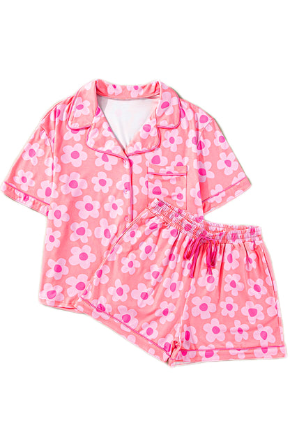 Orange Flower Print Short Sleeve Shirt Pajamas Set