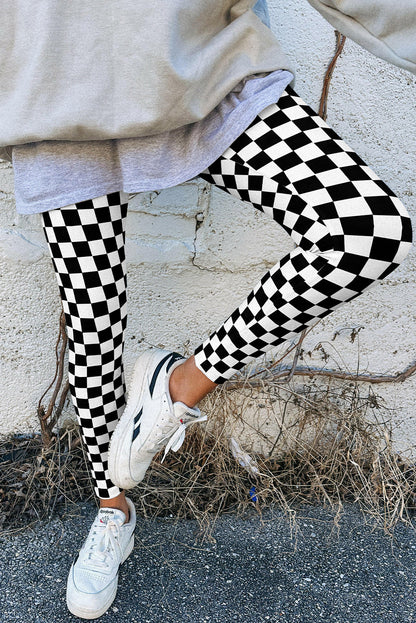 Black Checkered Pattern High Waist Skinny Leggings