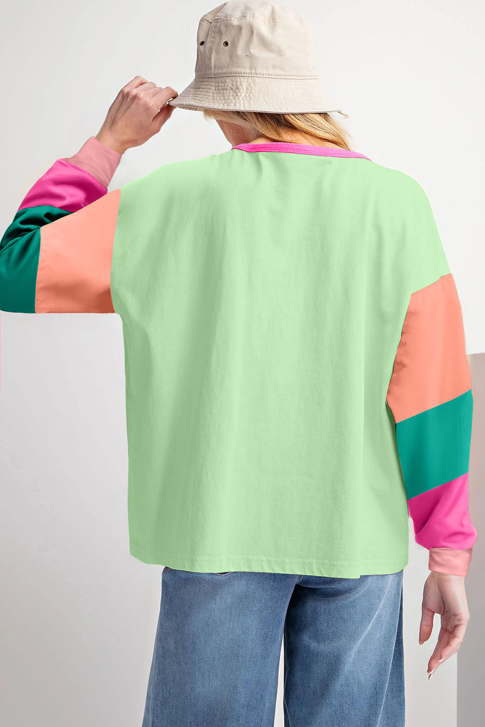 Pink Colorblock Patchwork Long Sleeve Loose Top