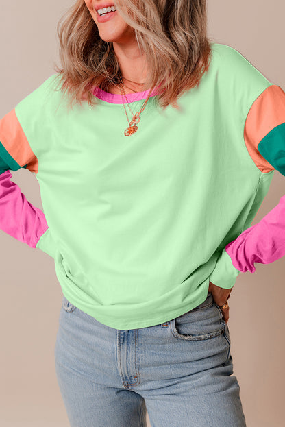 Pink Colorblock Patchwork Long Sleeve Loose Top