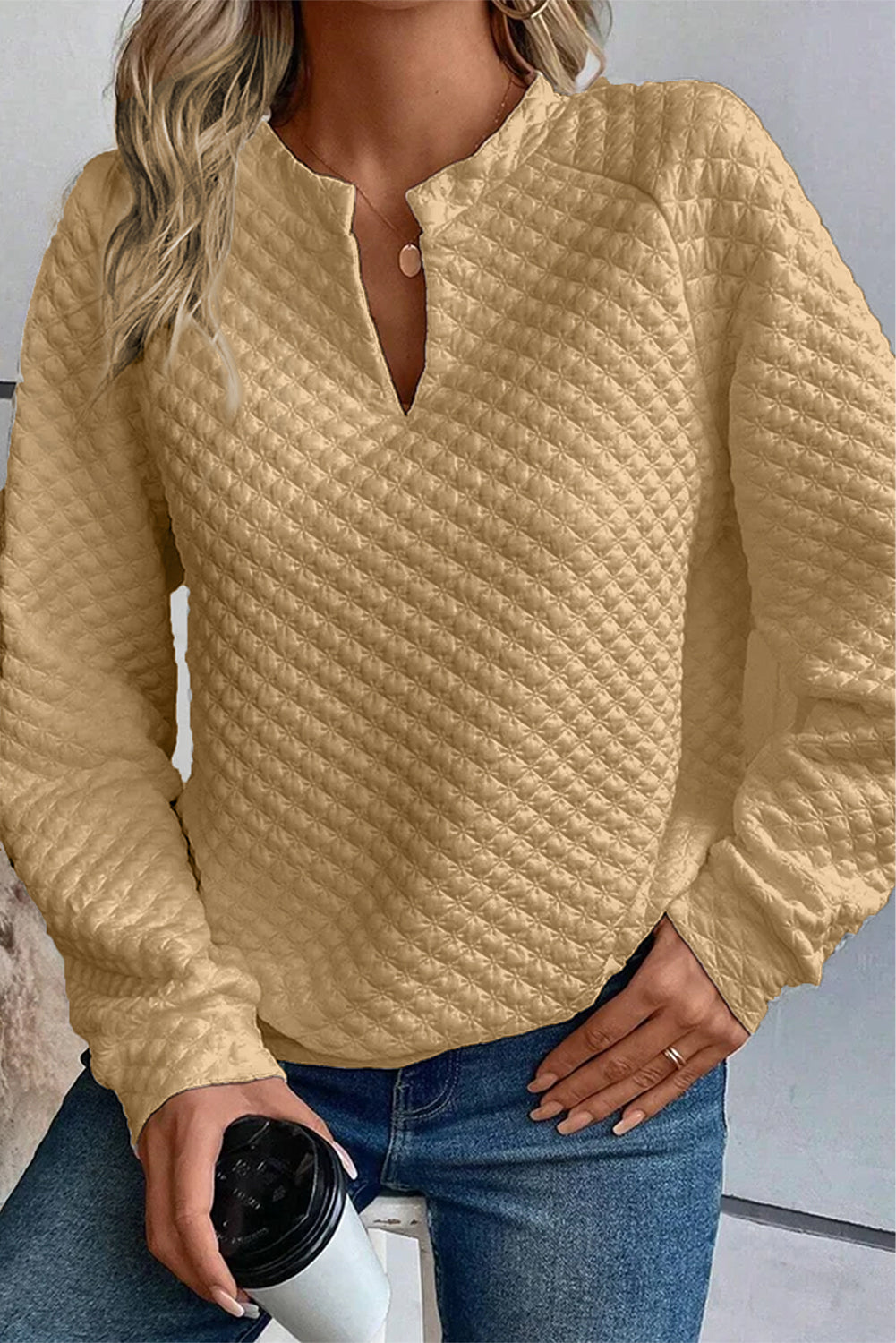 White Split Neck Quilted Long Sleeve Top