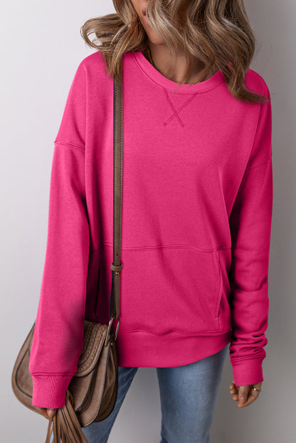 Vineyard Green Drop Shoulder Crisscross Stitching Pocketed Loose Sweatshirt