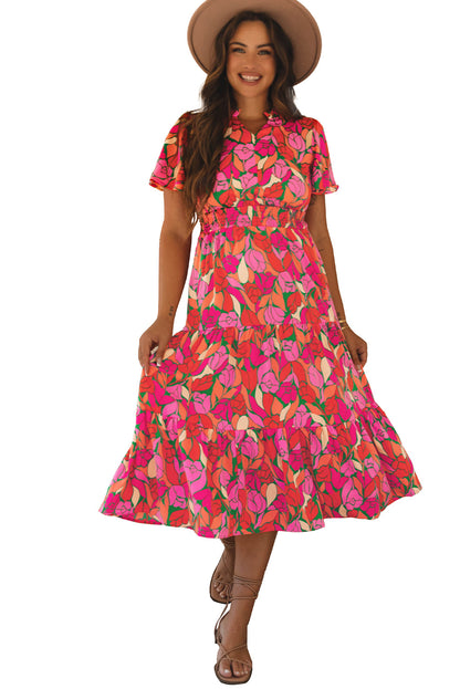 Rose Floral Short Sleeve Smocked Waist Maxi dress