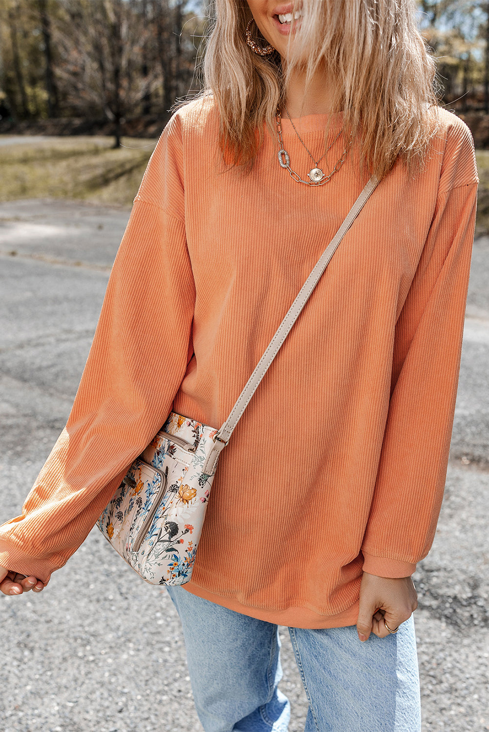 Apricot Ribbed Corduroy Oversized Sweatshirt