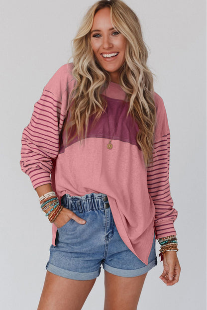 Gray Colorblock Striped Bishop Sleeve Top