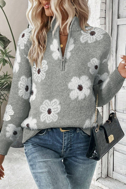 Green Floral Pattern Half Zip Drop Shoulder Sweater