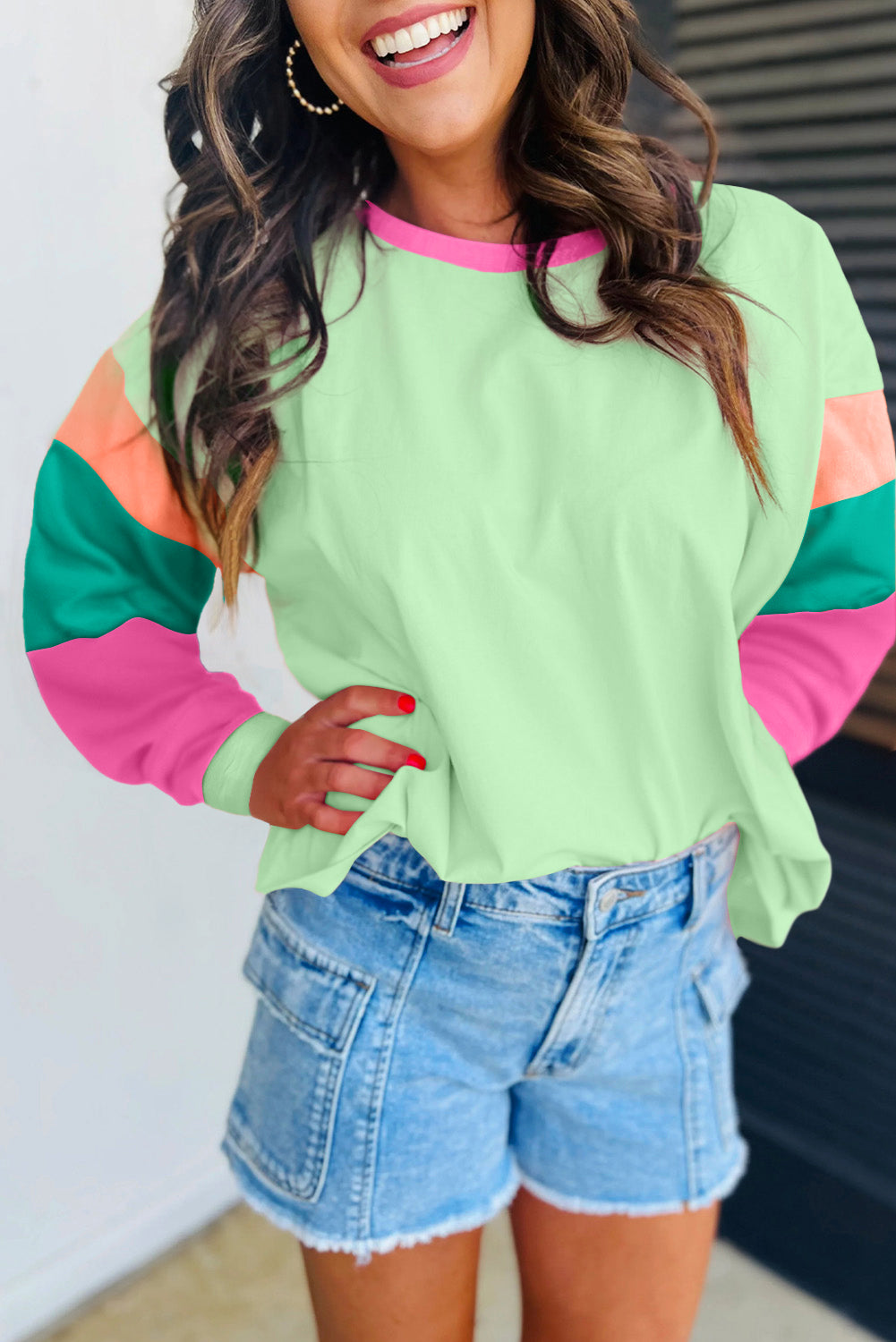 Pink Colorblock Patchwork Long Sleeve Loose Top