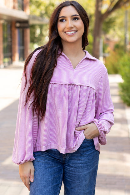 Bright Pink Corded Turn-down V Neck Bubble Sleeve Babydoll Blouse