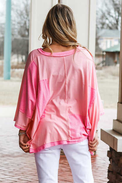 Pink Color Block Patchwork 3/4 Sleeve Loose Top