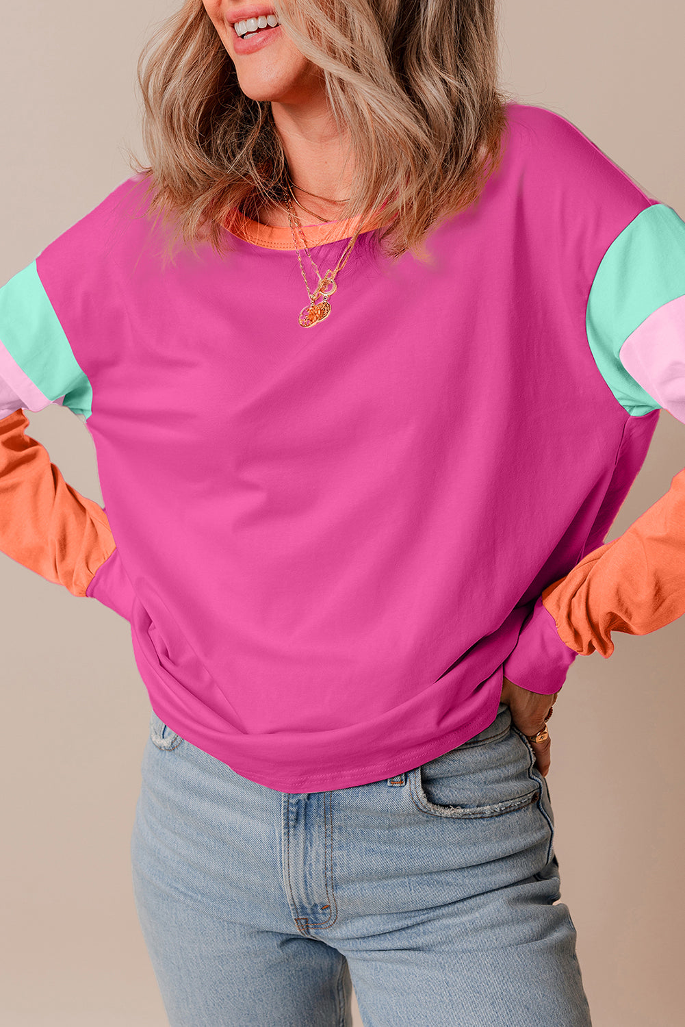 Pink Colorblock Patchwork Long Sleeve Loose Top