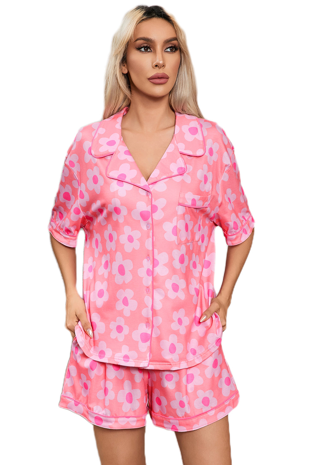 Orange Flower Print Short Sleeve Shirt Pajamas Set