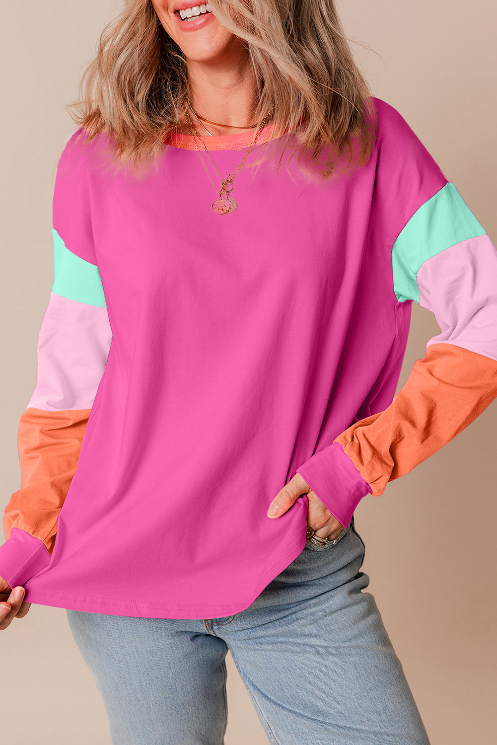 Pink Colorblock Patchwork Long Sleeve Loose Top