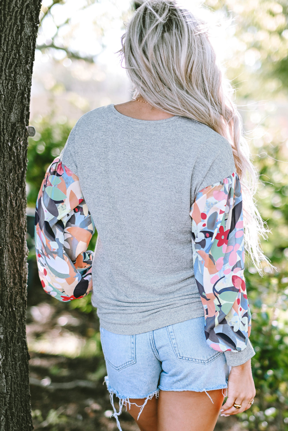 Gray Floral Lantern Sleeve Patchwork Buttoned V Neck Top