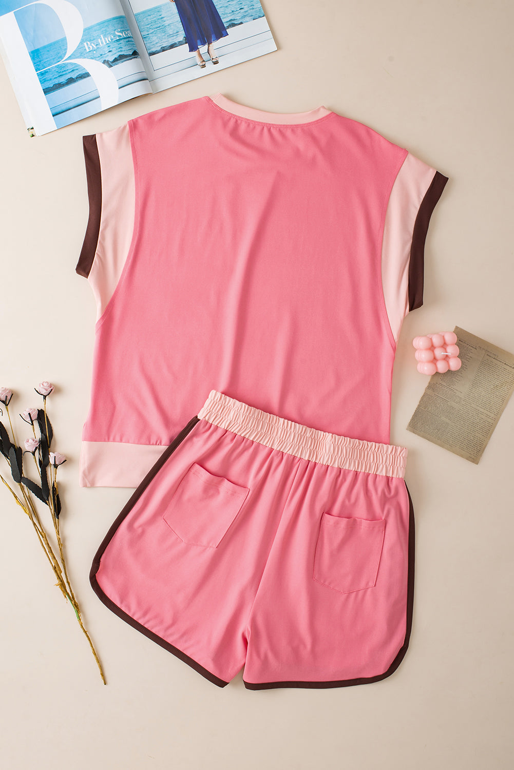 Rose Red Contrast Trim Cap Sleeve Tee Shorts Set