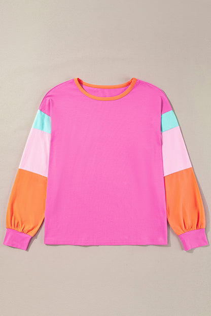 Pink Colorblock Patchwork Long Sleeve Loose Top